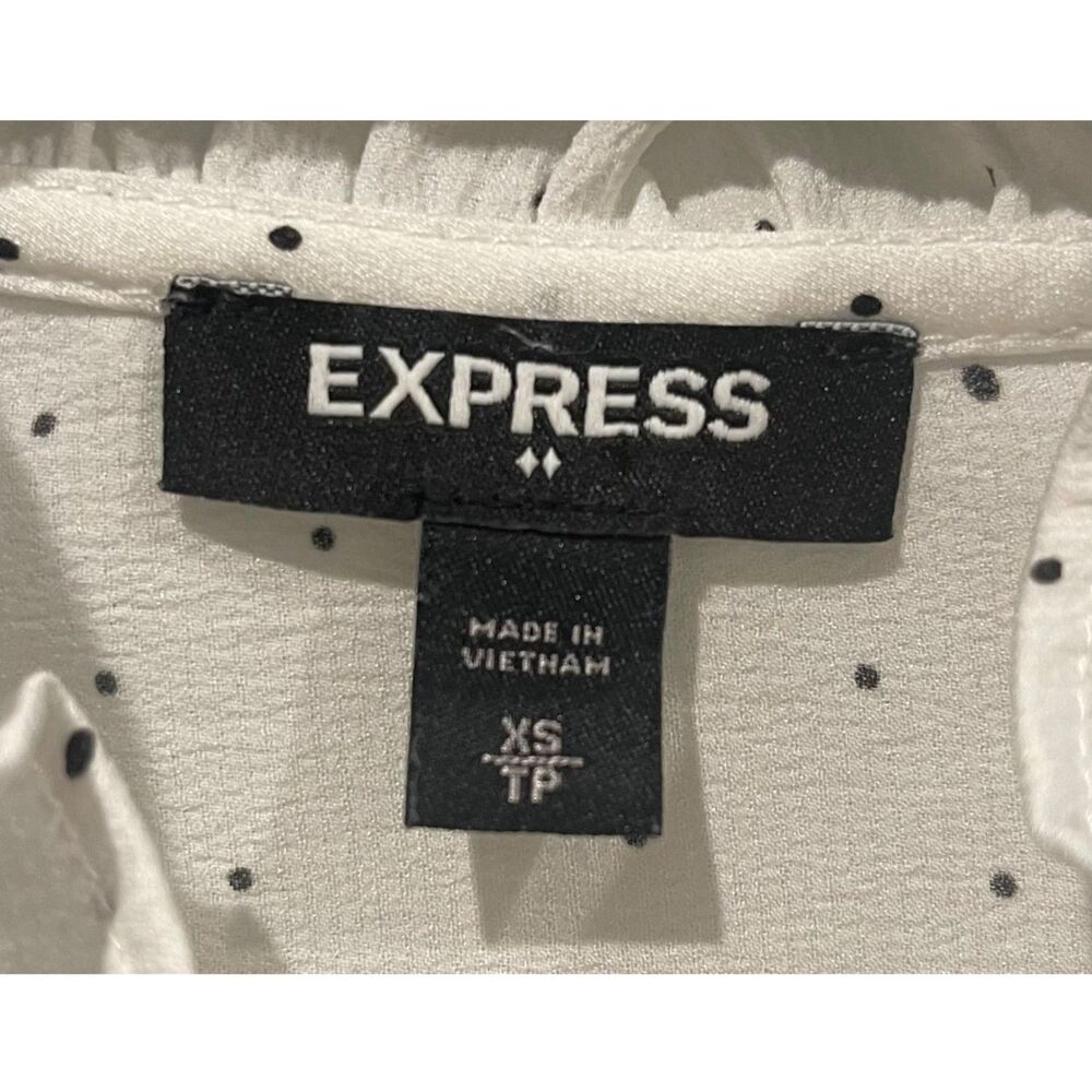 EXPRESS Slim Polka Dot Ruffle Neck Antique White Blouse - Picture 2 of 6